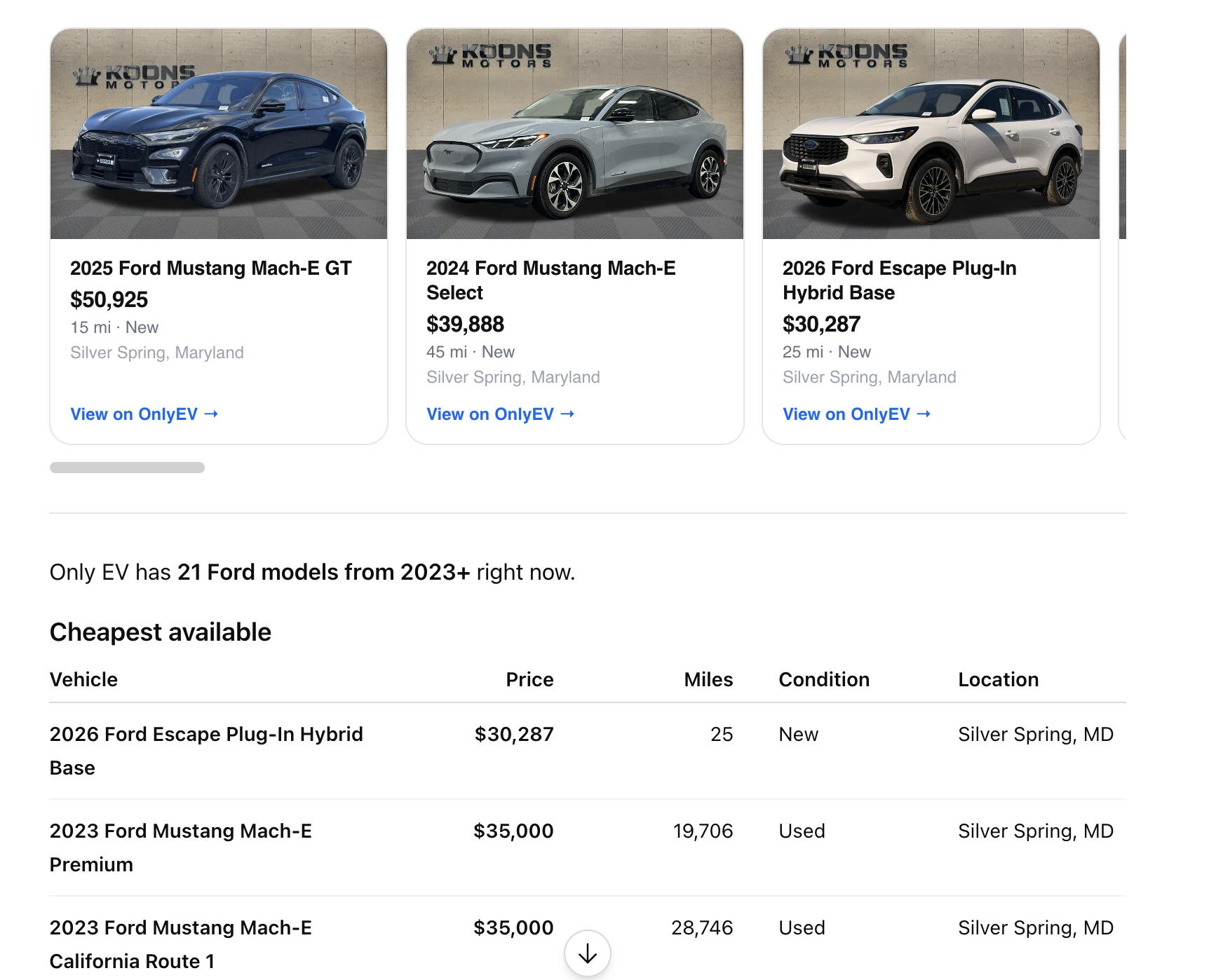 ONLY EV AI Inventory Cards